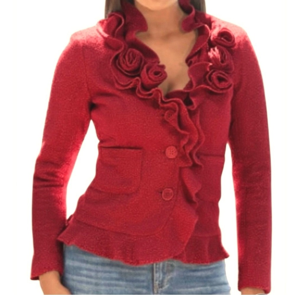 Boston Proper Red Wool-Blend Rosette & Ruffle Jacket, Size 10, Cottagecore
